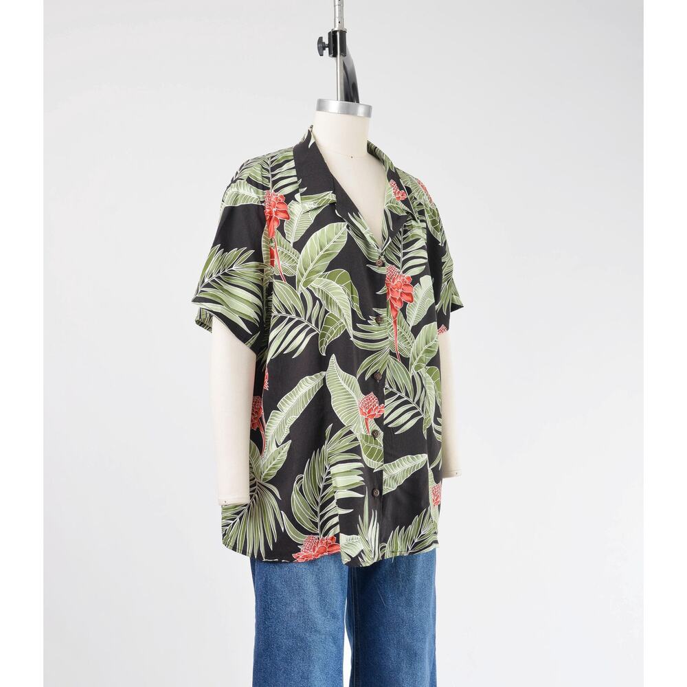 Vintage 90s Hawaiian Shirt Tropical Floral Blouse Black Aloha Button Up 1X 2X - Picture 4 of 7
